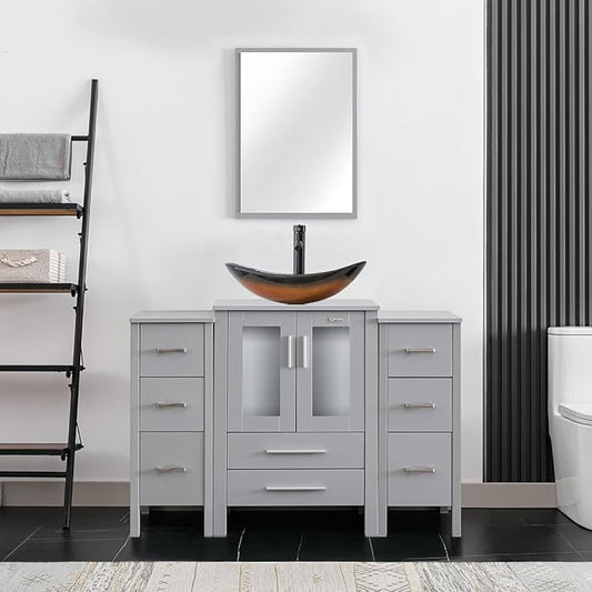 eclife 48" Modern Bathroom Vanity Sink Combo Freestanding Cabinet with Small Side Cabinet, Brown Boat Glass Vessel Sink, Water Save Faucet, Drain (Gray+A29BR)