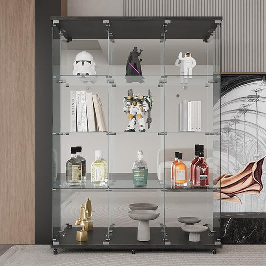 LFT HUIMEI2Y Glass Display Cabinet 12 Shelves with 3 Columns 2 Doors, Mirror Back Panel and Lock, Curio Cabinets Quick-Install Style Tempered Glass Bookshelf for Living Room, Kitchen Black