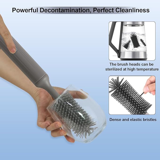 Electric Cleaning Brush with Electric Bottle Cleaner Set and Straw Brush,Suitable for Kitchen Brush and Baby Bottle Brush.Waterproof IPX65(Gray)