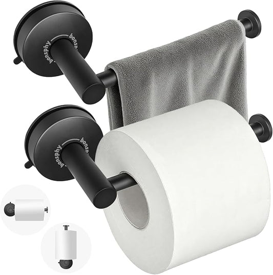 Bathroom Towel Holder | Toilet Paper Holder Wall Mount, 2-in-1, Adhesive Suction, Reusable - Towel Hanger | Black Toilet Paper Holder for Bathroom, Kitchen, RV - Install Easily, Instantly Use, 2 Pack