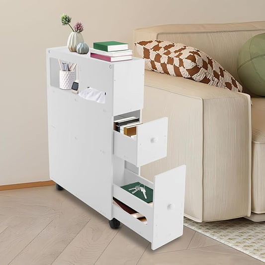 Small Bathroom Storage Cabinet with Lockable Wheels, Narrow Floor Organizer for Small Space, Rolling Toilet Paper Holder with Slide Out Drawers, Vertical Bathroom Organizer Next to Toilet