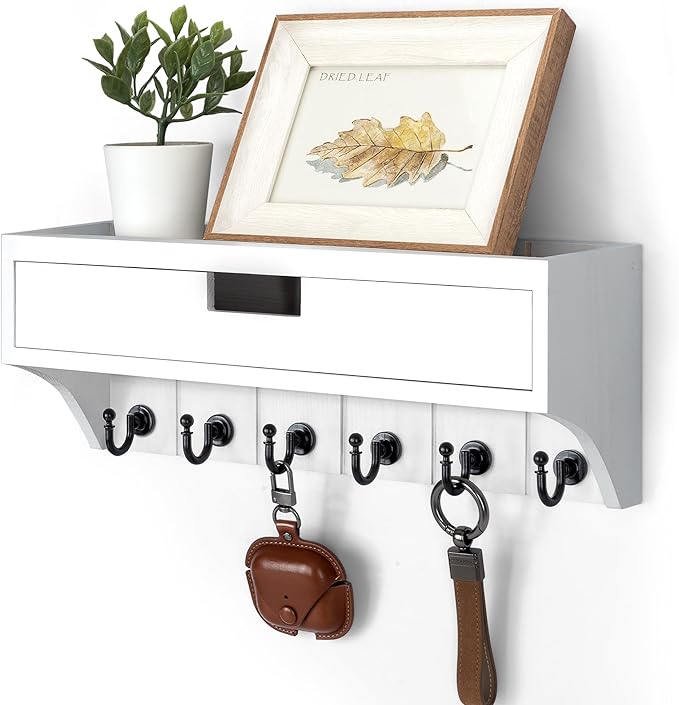 Rebee Vision Decorative Pine Wood Key Holder Wall Mount with Drawer Organizer - Mail Organizer with 6 Key Hooks - Stylish Wall Shelf for Apartment Essentials (Modern White)