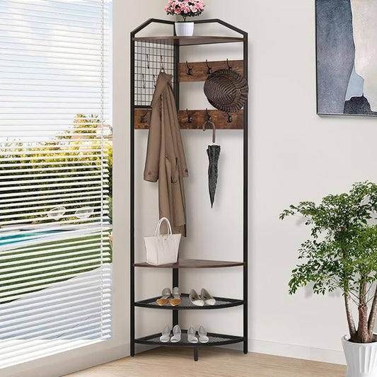 Corner Coat Rack, Hall Tree with Bench and Shoe Storage, Wood Entryway Organizer with 14 Metal Hooks, Freestanding Corner Shelves for Entryway, Hallway
