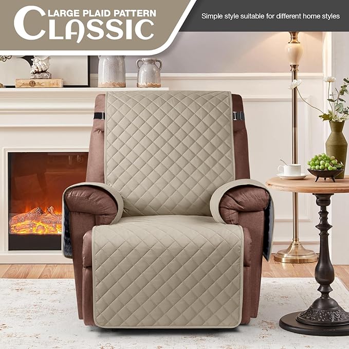 KinCam 100% Waterproof Recliner Chair Cover, Reclining Couch Covers for Pets, Dogs, Recliner Couch Slipcover Furniture Protector with Elastic Straps for Kids(23.6", Khaki)