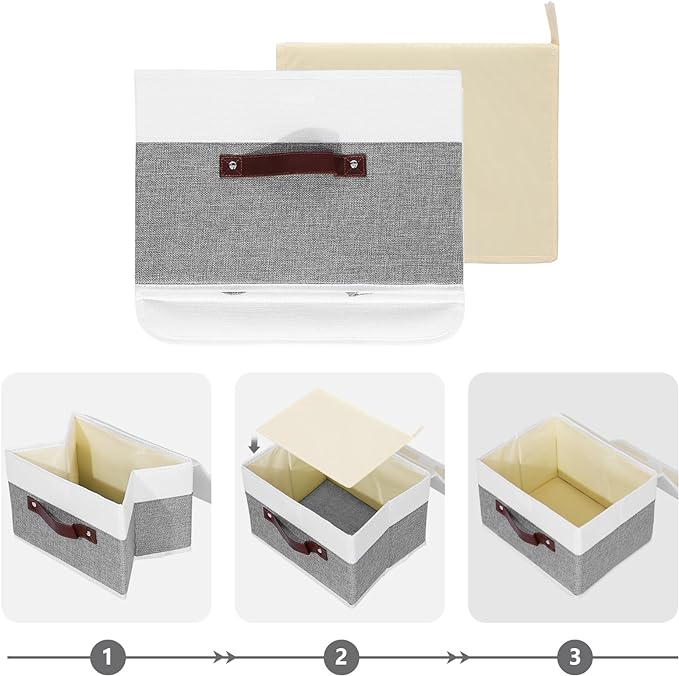 ANMINY Storage Boxes with Lids Washable Decorative Storage Bins Basket with PU Leather Handle Foldable Linen Fabric Storage Cubes Containers for Home Closet Organizer - Gray White, Large Size