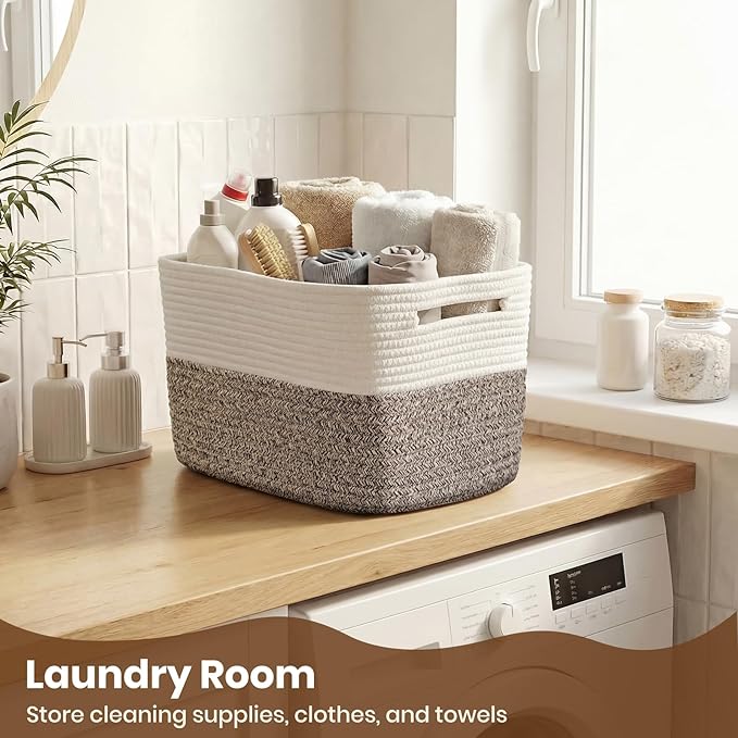 Storage Baskets for Organizing, 14 x 10 x 9” Closet Shelf Woven Baskets, Square Bins with Handles, Cotton Rope Basket for Toys, Clothes, Office, Room, White+Dark brown 1 Pack