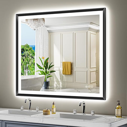 48x40 Black Framed LED Bathroom Mirror with Lights, Backlit and Front Light, Lighted Bathroom Vanity Mirror for Wall Dimmable Anti-Fog Memory Tempered Glass Horizontal/Vertical