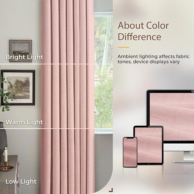 INOVADAY 100% Blackout Curtains for Bedroom, Black Out Curtains 80 Inch Long, Clip Rings Linen Blackout Drapes, Thermal Insulated Room Darkening for Living Room, 2 Panels - Baby Pink,W50xL80