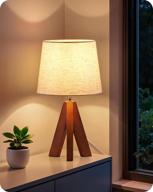 Wood Tripod Table Lamp — Warm Ambient Glow, Beige Fabric Shade