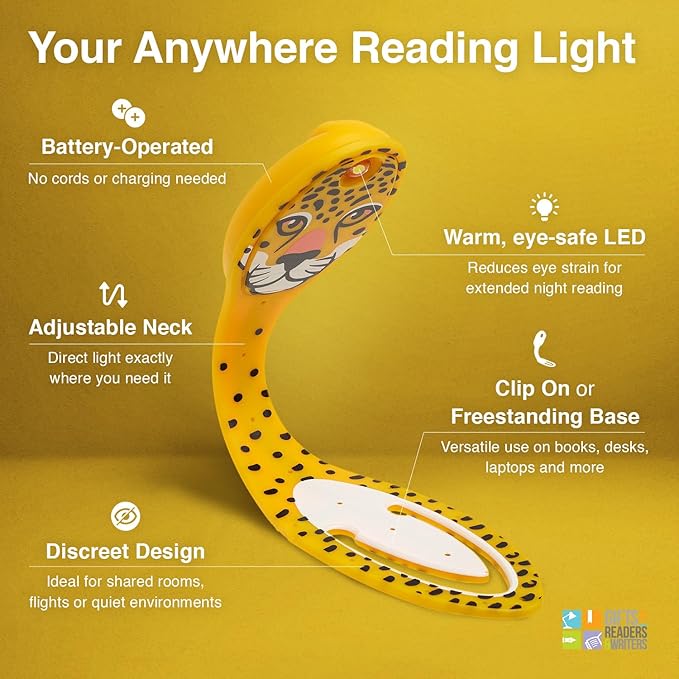 Gifts for Readers & Writers Book Light, Clip On Reading Light for Bed, 2in1 Flexilight & Bookmark, Small & Lightweight with a Soft Glow, 2 Batteries Included, Leopard