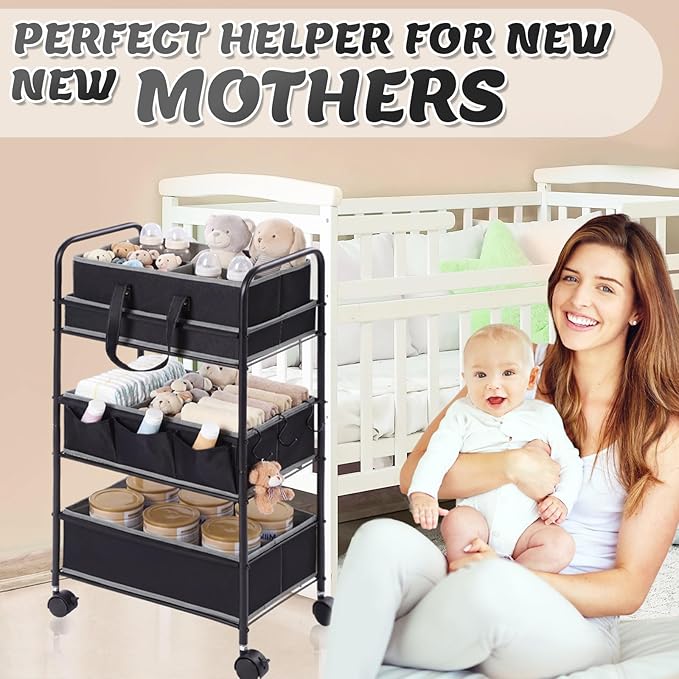 Honeydak 2in1 Baby Diaper Caddy Organizer Cart 3 Tier Large Capacity Metal Utility Bedside Rolling Cart with Divider for Newborn Nursery Essential Must Have for Crib Bedroom Baby Shower(Black)