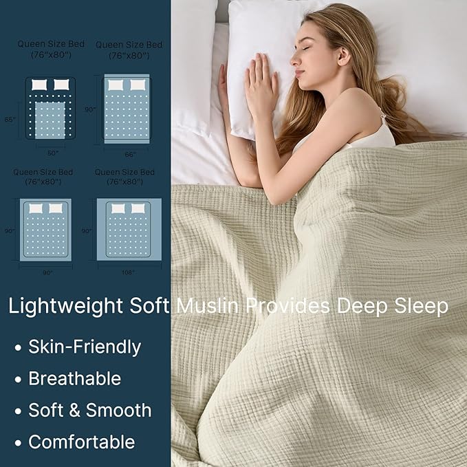 100% Cotton Muslin Blanket Throw 108'x90', Lightweight Breathable Summer Throw Blanket for Sofa, Couch, Bed, All-Season Use, Oatmeal