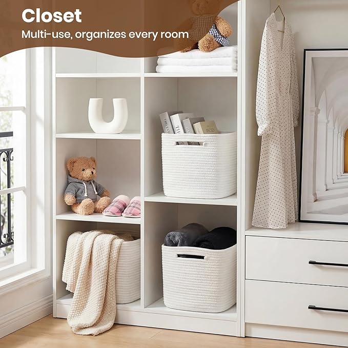 Storage Baskets for Organizing, 14 x 10 x 9” Closet Shelf Woven Baskets, Square Bins with Handles, Cotton Rope Basket for Toys, Clothes, Office, Room, White 4 Pack