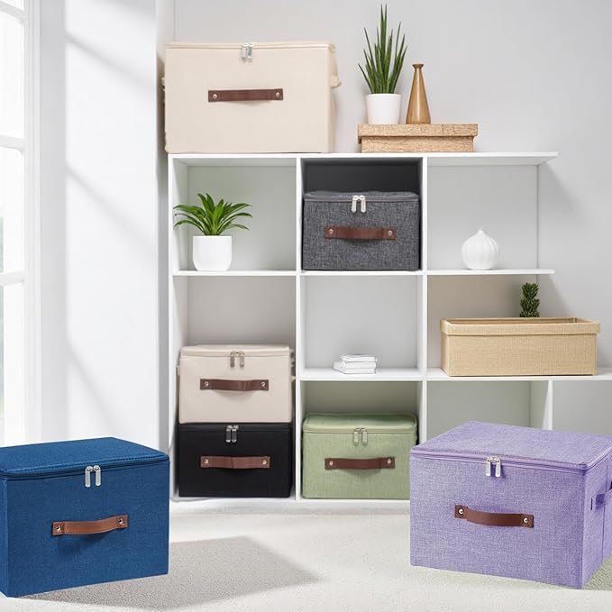 Storage Bins with Zipper Lid Foldable Fabric Lidded Storage Boxes Baskets Cubes Washable Collapsible PU Leather Handle Cotton Linen Shelves Closet Organizer Container(Dark Blue, Large Size)