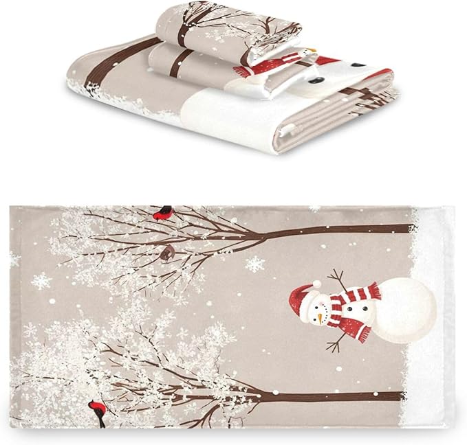 Winter Snowman Bird Tree Snow Towels Set of 3 Snowflakes Peach Christmas Bathroom Towel Soft Absorbent Bath Hand Towels Washcloth Guest Towel Sets Rustic Farmhouse Xmas Holiday Decor