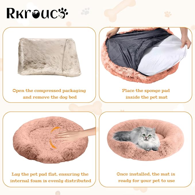 Fluffy Dog Bed Calming Donut Beds for Large Dogs Warming Round Small Medium Pet Nest Cozy Cat Mattress Indoor Washable Puppy Kennel Kittens Sleep Mat (L, 35.4×35.4 inch, Fresh Pink)