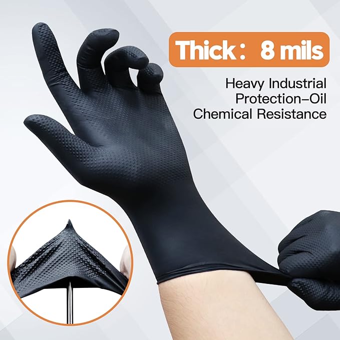 Wostar Black Raised Diamond Texture 8 Mil Nitrile XLarge Glove Latex & Powder Free 100 Count Black Nitrile Disposable Glove