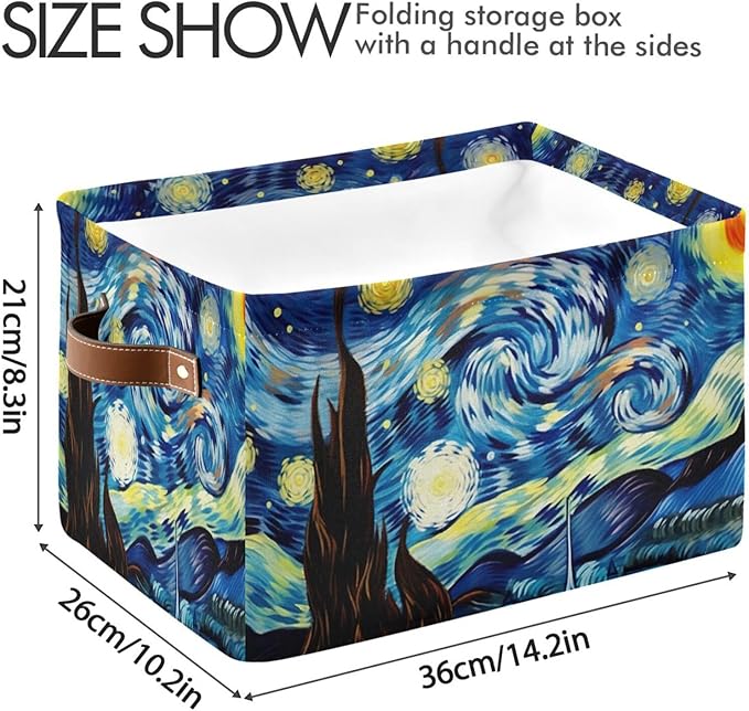 Storage Basket Starry Night Rectangular Collapsible Canvas Shelves Storage Bins with Leather Handles for Shelves Home Closet Bedroom Living Room, 2Pack