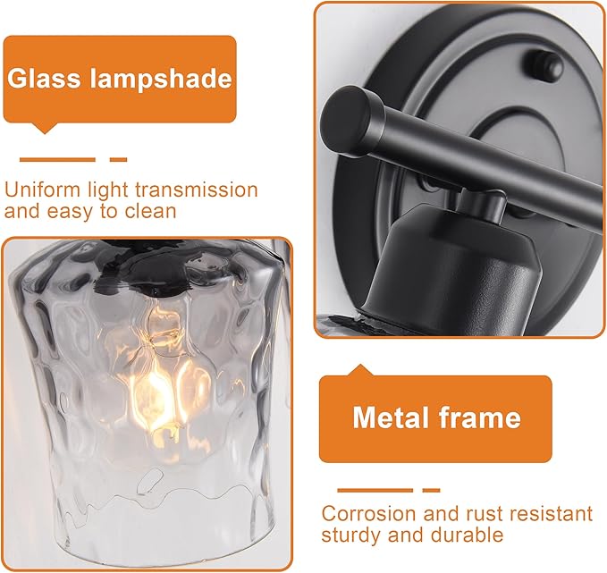 Modern 2-Light Bathroom Vanity Light Fixtures, Black Bathroom Lights Over Mirror with Grey Glass Shade, E26 Glass Wall Sconce for Kitchen, Bedroom, Hallway, Living Room