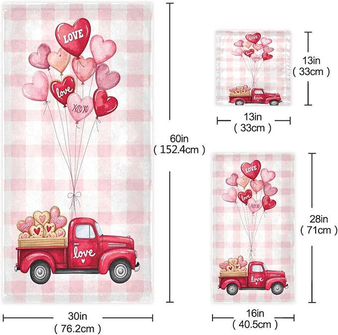 Pink Heart Truck Plaid Towels Set of 3 Romantic Love Car with Ballon Spring Bathroom Towel Soft Absorbent Bath Hand Towels Washcloth Guest Towel Sets Mother's ValentineDecorations
