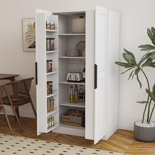KEIKI 63" Tall Kitchen Pantry Storage Cabinet with Door-Side Rack & Shelves, Freestanding Wood Hutch Food Pantries Cupboard for Coffee Bar, Dining Room