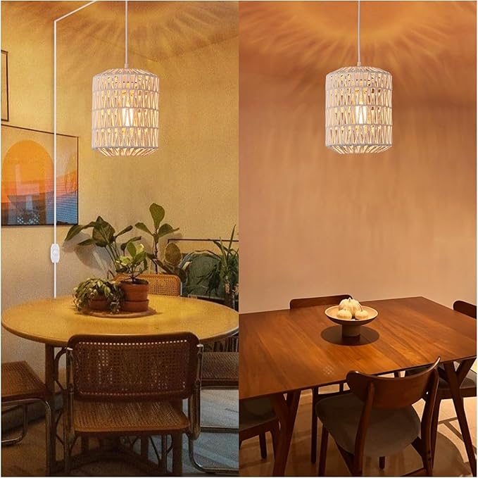 Plug in Pendant Light, Rattan Hanging Lights with Plug in Cord 15ft Dimmable Cord, Hand Woven Wicker Lampshade Hanging Lamp, Boho Plug in Hanging Ceiling Light Fixture for Farmhouse Bedroom White