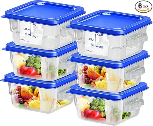 6 pcs 2qt Food Storage Containers with Lid, Square Clear Commercial Food Storage Containers with Handle and Scale for Food Storage in Home Kitchen & Dining (Blue)