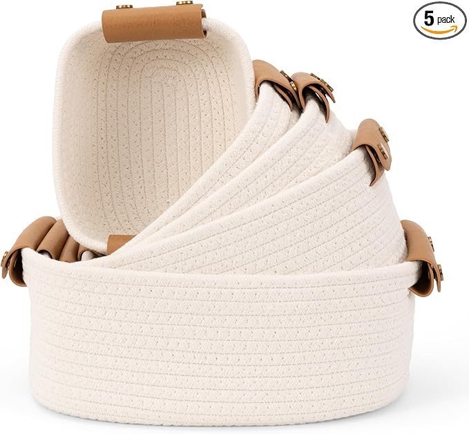 Storage Basket Set of 5 - Cotton Rope Organizer Bins for Home, Nursery & Bedroom