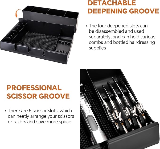 Barber Clippers Station, 15 x 11.8 x 4.3 inch Removable Tray Featuring Dedicated Clippers & Guards Slots and Scissor Razor Slots, for Barber&Salon and Home Stylist Accessories Station Organizer
