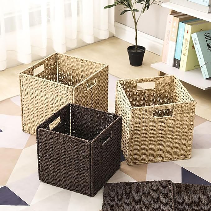 10.5x10.5'' Set of 5 Cube Storage Baskets, Natural Paper Rope Multipurpose Collapsible Organizers, Woven Laundry Totes for Laundry, Storage Cubes,Wicker Baskets Laundry Organizer Totes for Home