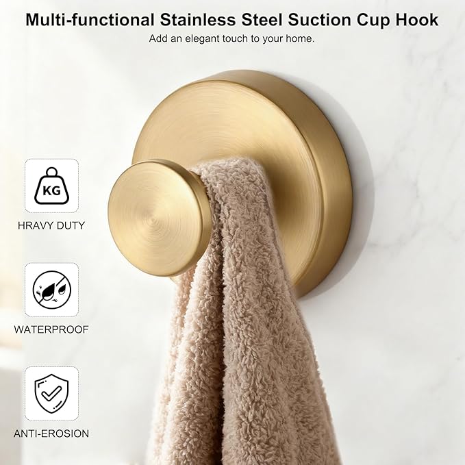 Suction Cup Hooks Applicable Shower No-Drill Bathroom Hooks for Towels, Ornament，Robes, Loofah Mountable on Bathroom Walls, Kitchen, Glass, Mirrors, Tile and Smooth,Non-Porous Surfaces (Golden 4pcs)