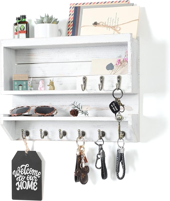 Innovation Premium Pine Wood Key Holder for Wall - Handcrafted Mail Organizer & Wall Mount Key Holder with 9 Sturdy Hooks, Finely Sanded & Hand-Sprayed Entryway Decor, Ivory