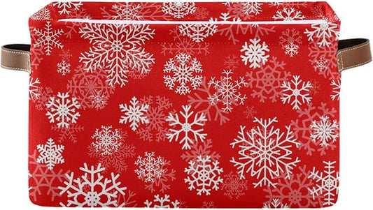 Christmas White Snowflakes on Red Storage Basket Cube Storage Bins Organizer Bag Collapsible Closet Shelf Baskets with handle for Cloth Book 14.2×10.2×8.3 IN