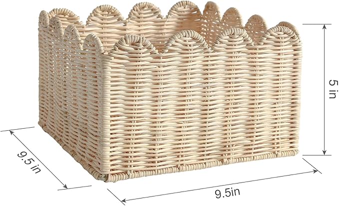 Scalloped Edge Basket, Wicker Storage Baskets, Hand Woven Baskets for Shelves,Natural Baskets for Organizing (Rattan(S-9.5" L x 9.5" W x 5.6" H))