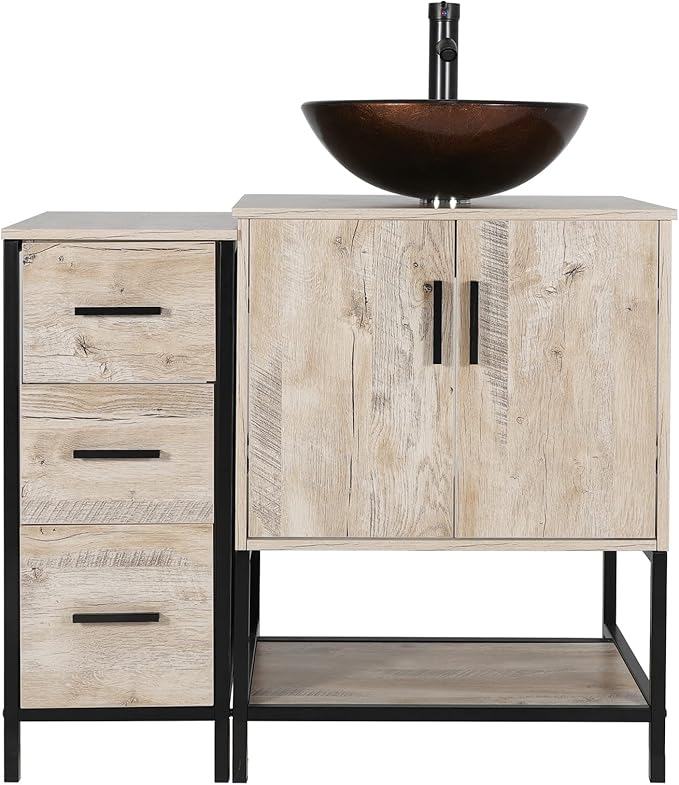 eclife 36" Bathroom Vanity Sink Combo Modern Metal Stand Cabinet W/Bottom Shelf & Storage Side Cabinet Brown Round Vessel Sink & Water Save Faucet & Pop Up Drain, Oak (A09)