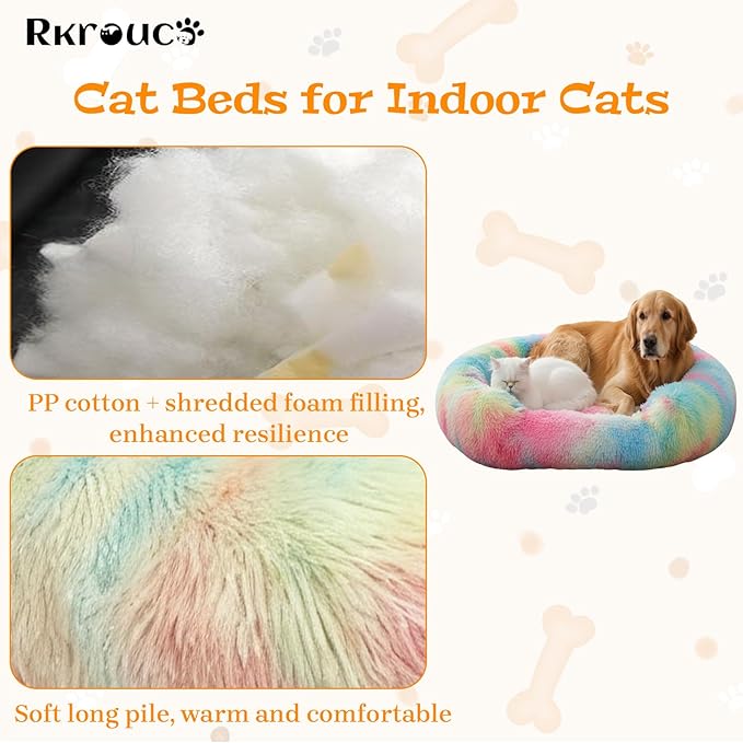 Fluffy Dog Bed Calming Donut Beds for Large Dogs Warming Round Small Medium Pet Nest Cozy Cat Mattress Indoor Washable Puppy Kennel Kittens Sleep Mat (S, 23.6×23.6 inch, Rainbow)