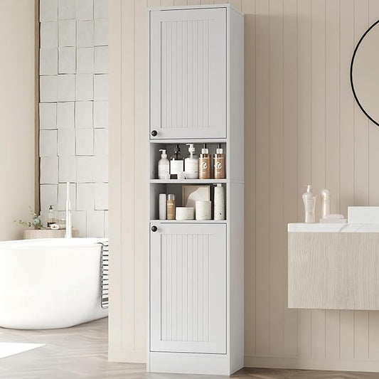 Farmhouse Bathroom Cabinet with 2 Doors, 67" Tall Slim Freestanding Cabinet, Narrow Floor Storage Unit with Open Shelf and Adjustable Shelves for Bathroom, Living Room, Kitchen, White