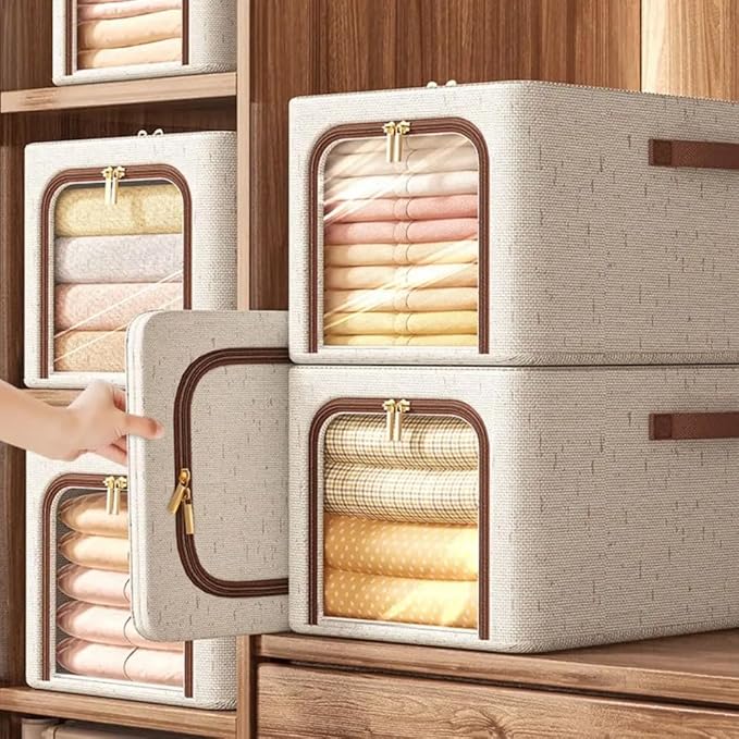RZJZGZ 49L Clothes Storage Bins with Metal Frame, Foldable Linen Storage Boxes with Lids, Linen Fabric Storage Box with Lid Clear Window（Beige） (Large size)