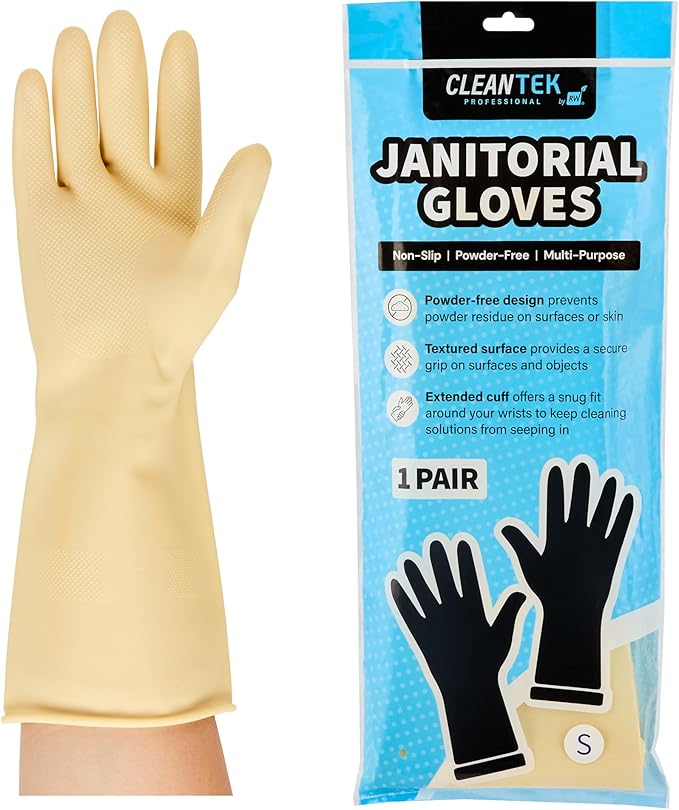 Clean Tek Professional 22 Mil Small Cleaning Gloves, 1 Pair Of Long Cuff Gloves - No-Slip Grip, No-Powder, Yellow Latex Gloves For Kitchen Cleaning, Ideal For Washing Dishes