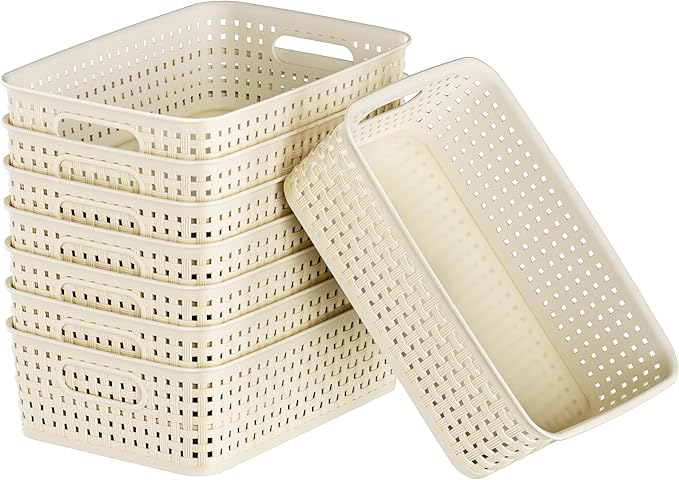 White Plastic Basket, 8 Pack Home Organization and Storage Baskets with Handles, Space Saving Woven Organizer Bins Plastic Storage Basket for Organizing Cabinets,Closets, Shelves, Countertops