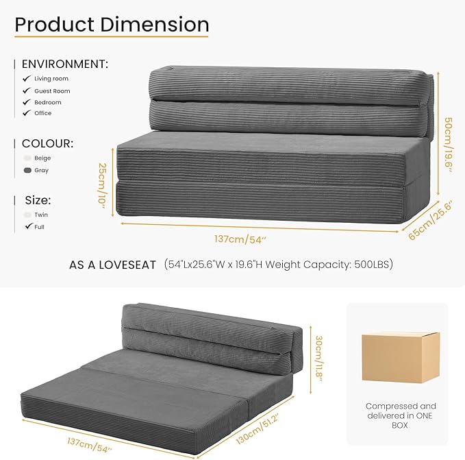 Convertible Sofa Bed with Metal Frame, Boneless Loveseat Sleeper Sofa Futon Sofa Bed Foldable Full Size Mattress for Living Room, Guest Room