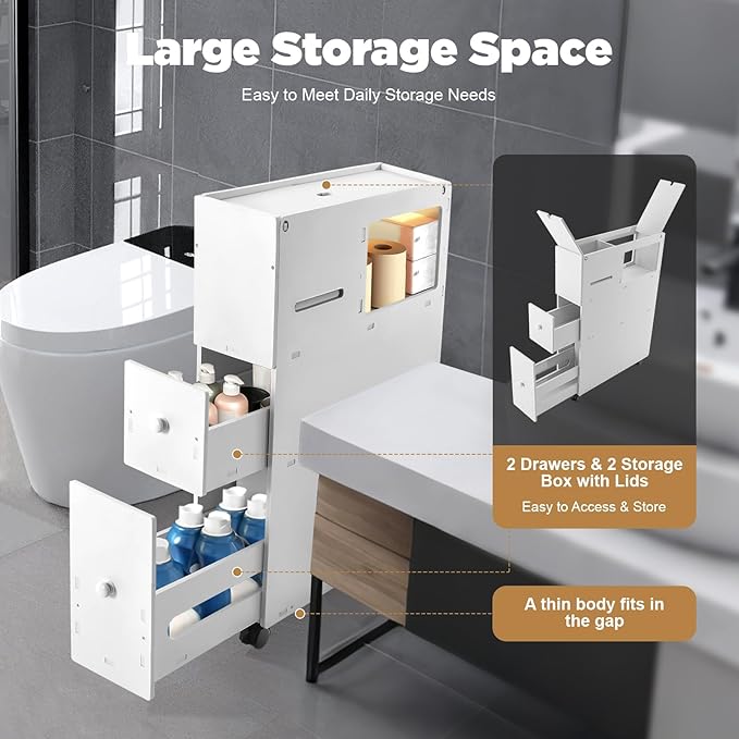 4-Tiers Small Spaces Cabinet for Bathroom, Narrow Toilet Side Organizer with Toilet Paper Slots and 2 Drawers, 4 Movable Wheels, PVC Material, BPA Free
