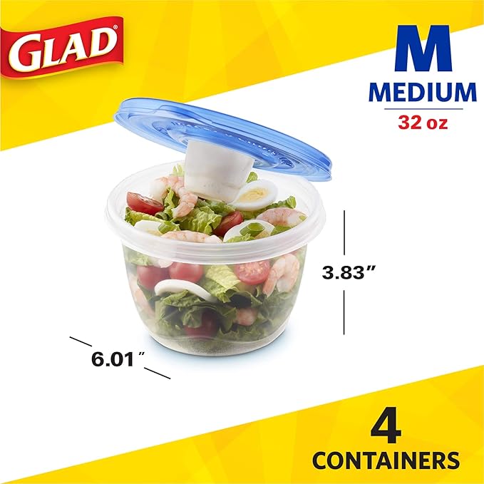 Glad Gladware Lockware to Go Food Storage Containers Medium Size Round Food Storage That Holds up to 32 Ounces of Food, Solids, or Liquids | 32 oz Containers, 4 Count Set