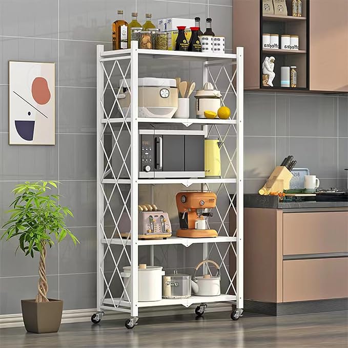 Folding Shelf Foldable Shelves with Wheels - Folding Shelves No Assembly, Collapsible Shelf Unit Display, Kitchen Organizers and Storage, Pop Up Heavy Duty Rack , 5-Tier White 28"D x 14"W x 63"H