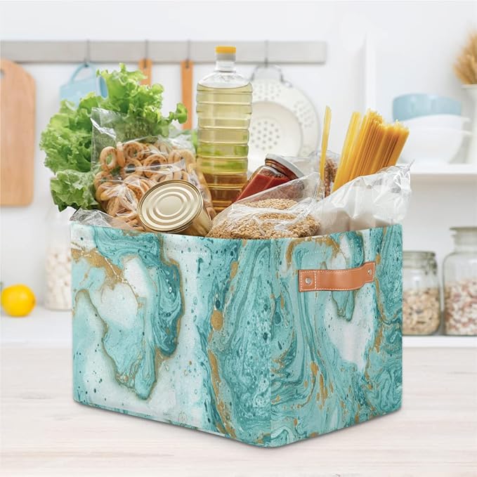 2Pack Turquoise Marble Texture Large Collapsible Storage Bins,Teal Marble Decorative Canvas Fabric Storage Boxes Organizer with Handles,Rectangular Shelves Baskets Box for Home Office Nursery Closet