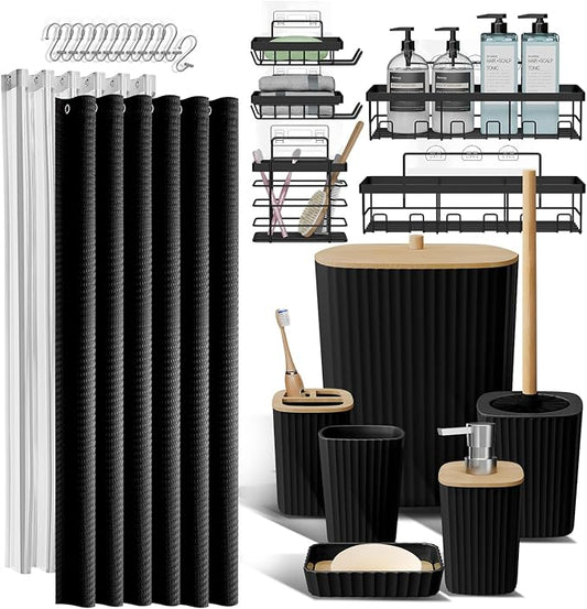 Clara Clark Bathroom Accessories Set - Bathroom Set with Adhesive Corner Shower Caddy Hanging, 25PC Bathroom Accessory Set, Black Shower Curtain Set, Toilet Brush, Trash Can & Soap Dispenser