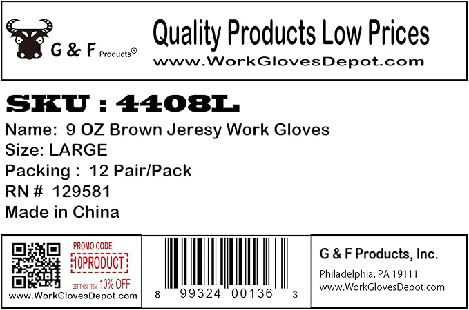 G & F Products unisex adult Regular work gloves, Black, Large sold by Case 300 Pairs US