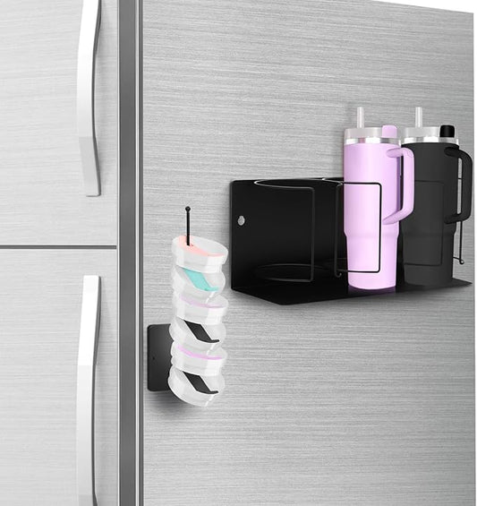 Magnetic Cup Holder for Fridge Water Bottle Organizer for Cabinet, Magnetic Cup Holder Heavy Duty with Tumbler Lid Organizer for 20oz 30oz 40oz Cup Accessories Storage (Black)