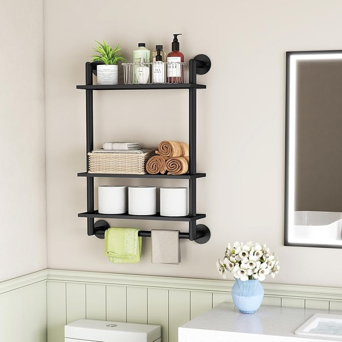 Bathroom Shelves Wall Mounted, 3 Tier Towel Racks with Towel Bar, 26in Stainless Steel Floating Pipe Shelves Over Toilet, Wall Shelves for Bathroom Laundry Room Kitchen Storage