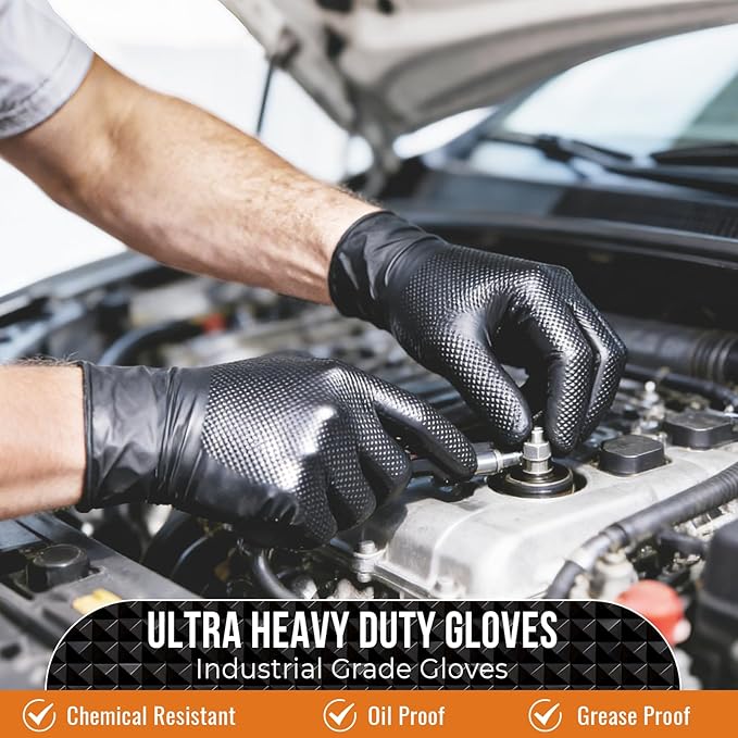 Black 10 Mil Nitrile Gloves, Diamond Textured Grip, Extra Thick Heavy Duty Disposable, Latex-Free, Tear & Chemical Resistant, Multipurpose Gloves for Kitchen, Cleaning, Medium